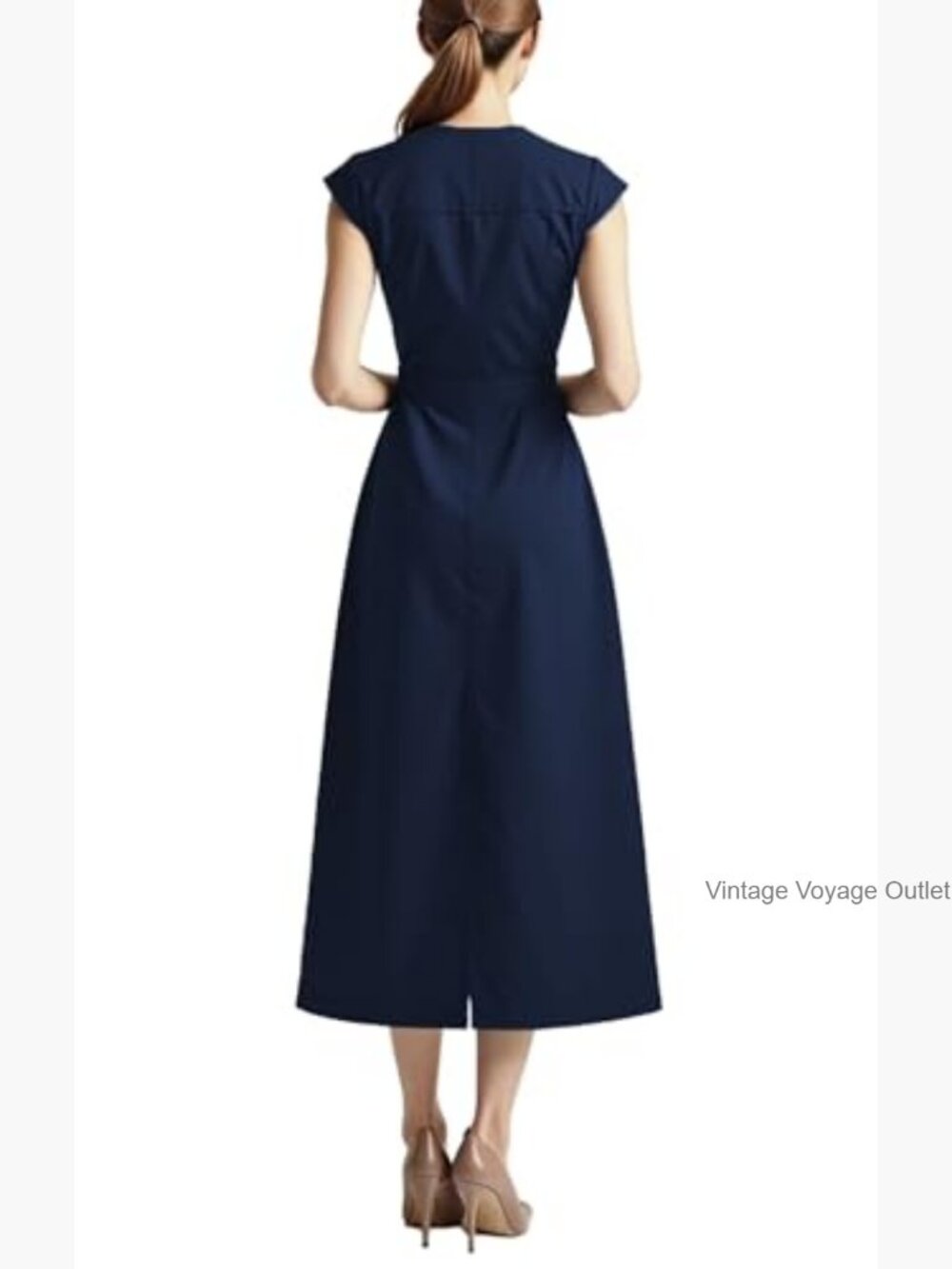 V Neck Button Down Swing Midi Shirt Dress with Pockets - Picture 2 of 6